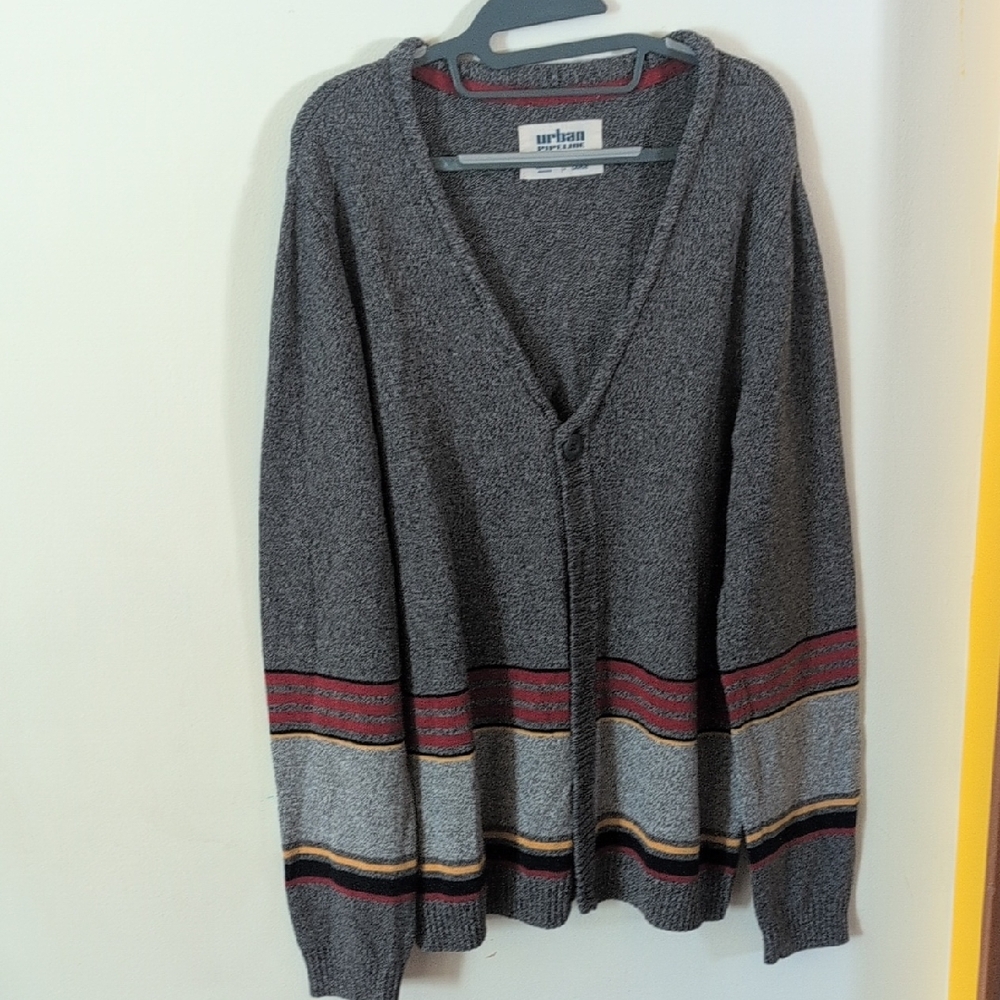 Men's Charcoal Cardigan with Red and Gold Stripes